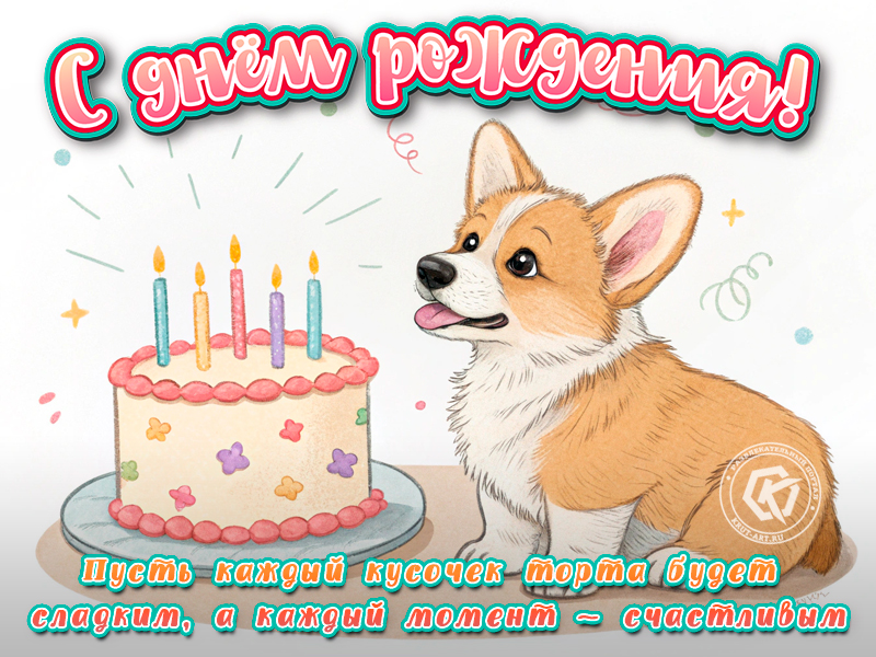 Весёлая открытка с корги — поздравление с Днём Рождения!